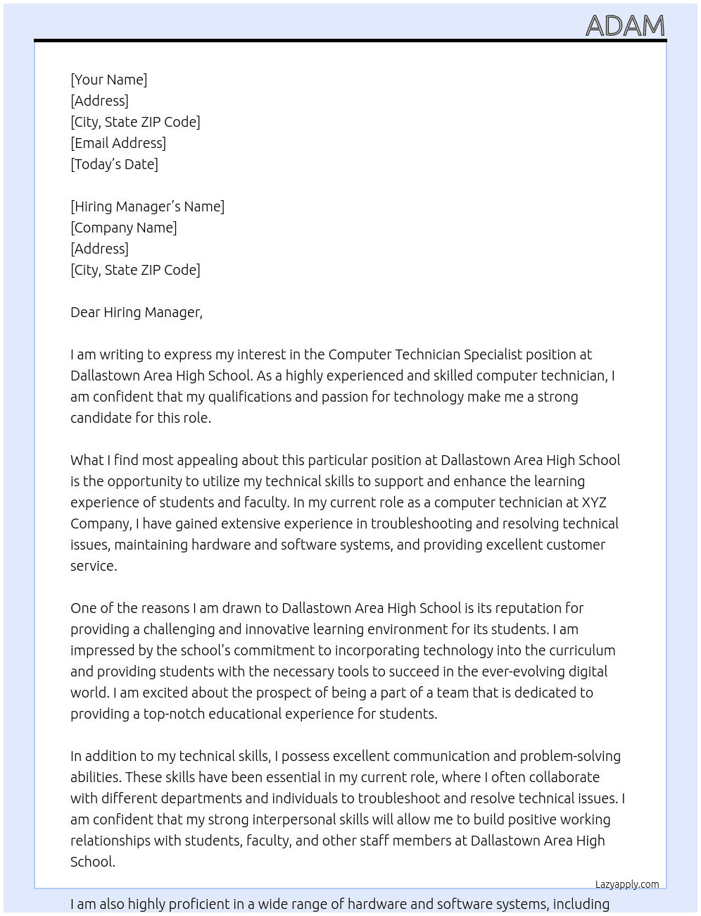  Computer Technician Specialist  At Dallastown Area High School Cover Letter