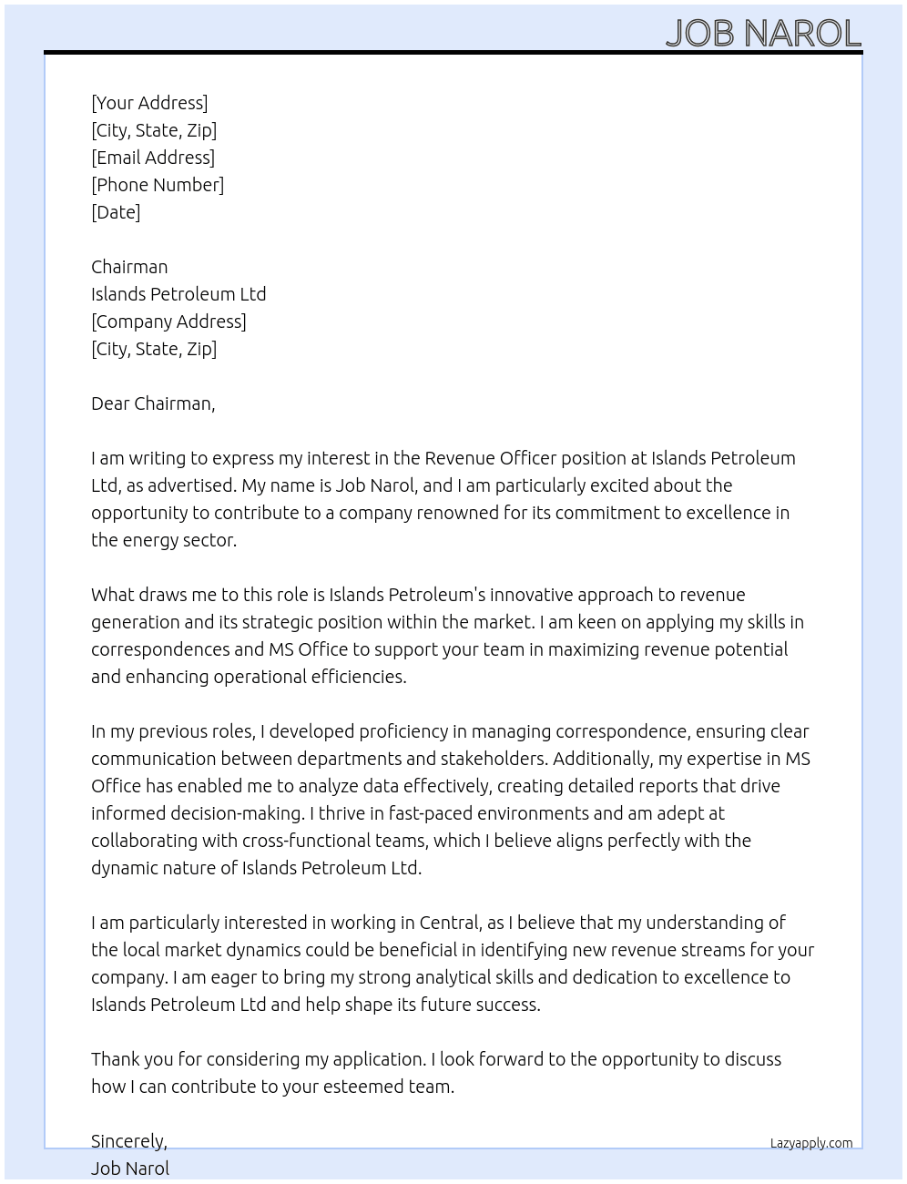 Revenue Officer At Islands Petroleum Ltd Cover Letter