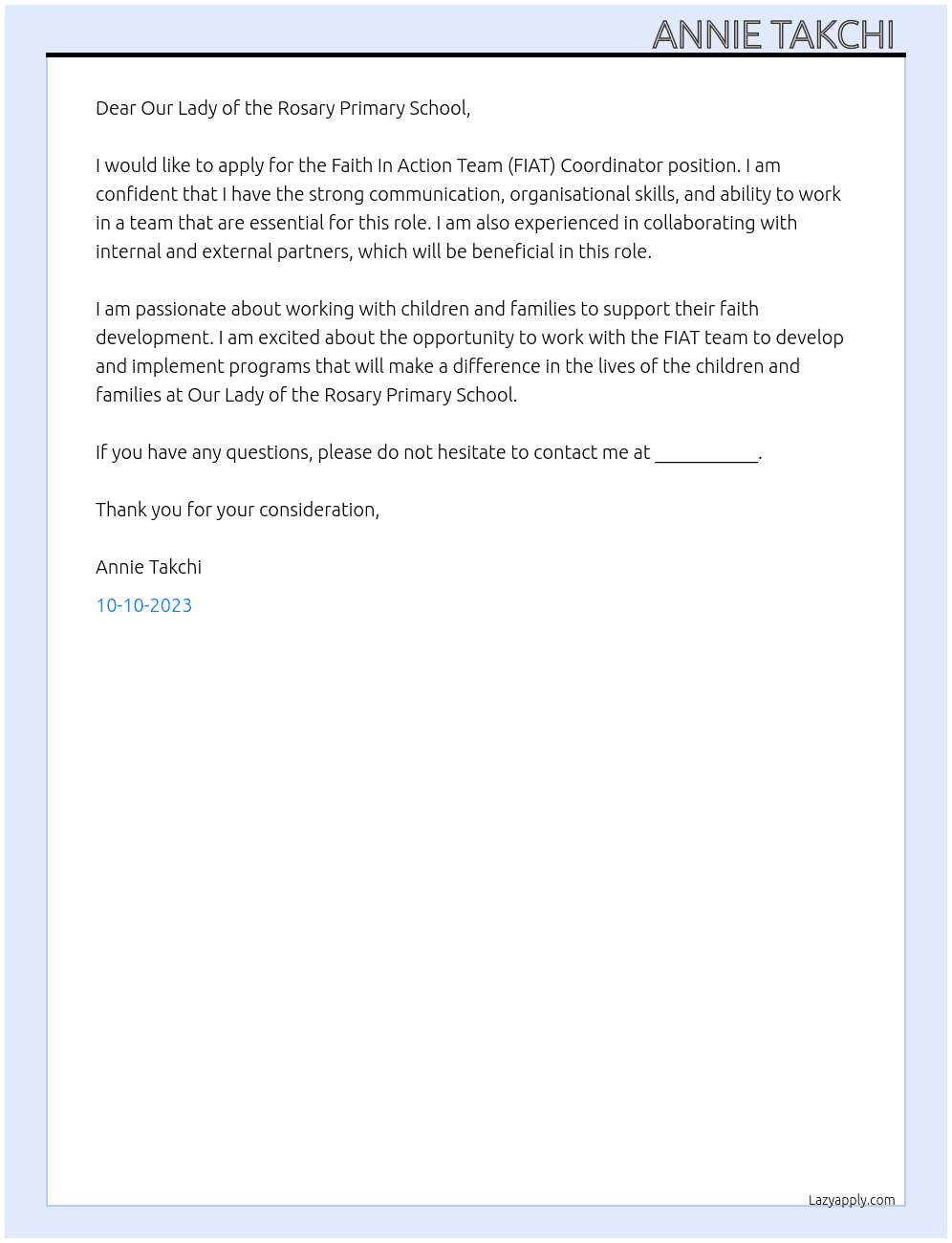 Faith In Action Team (FIAT) Coordinator At Our Lady of the Rosary Primary School  Cover Letter