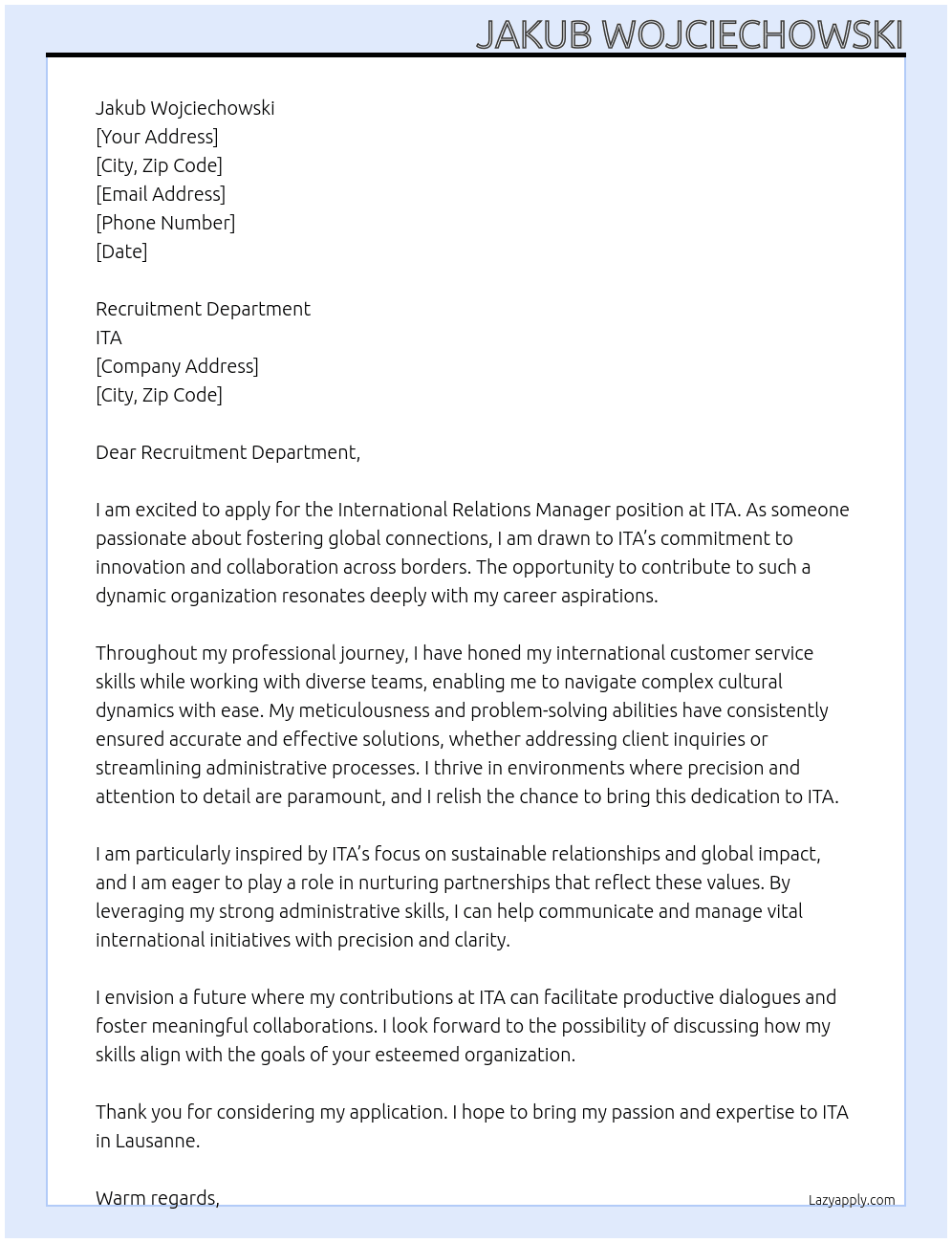 International Relations Manager At ITA Cover Letter