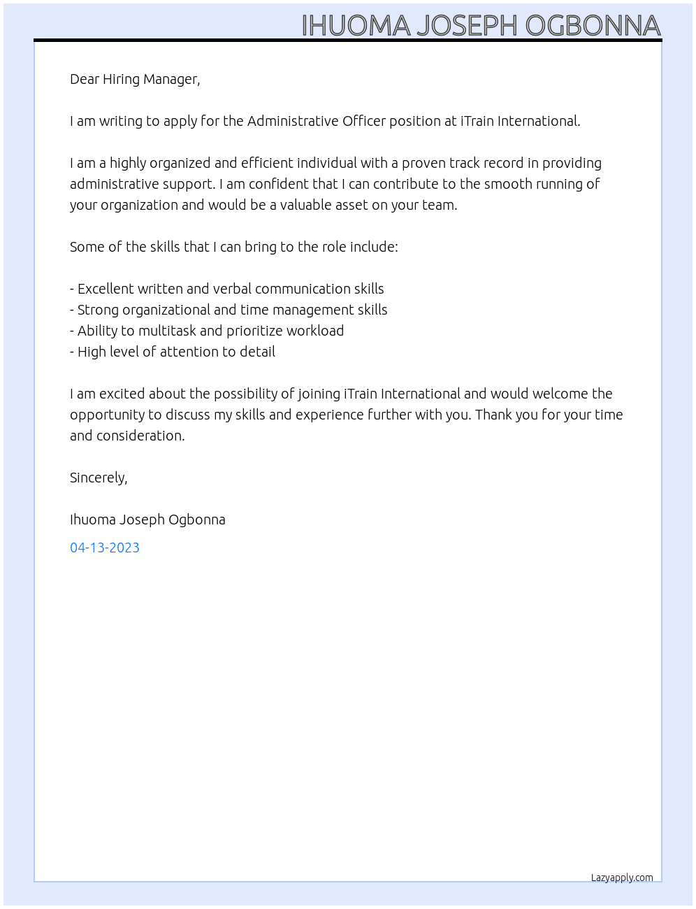 Administrative officer At  iTrain International Cover Letter