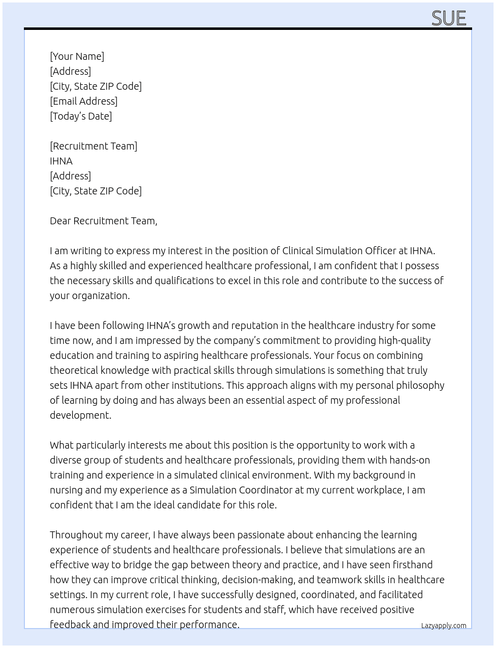 Clinical Simulation Officer At IHNA Cover Letter