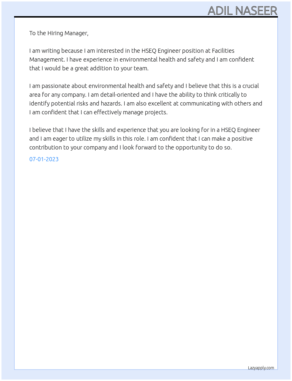 HSEQ Engineer At Facilities management  Cover Letter
