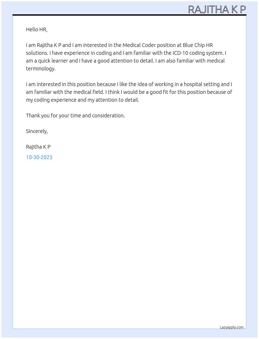 Medical coder At Blue Chip HR solutions Cover Letter