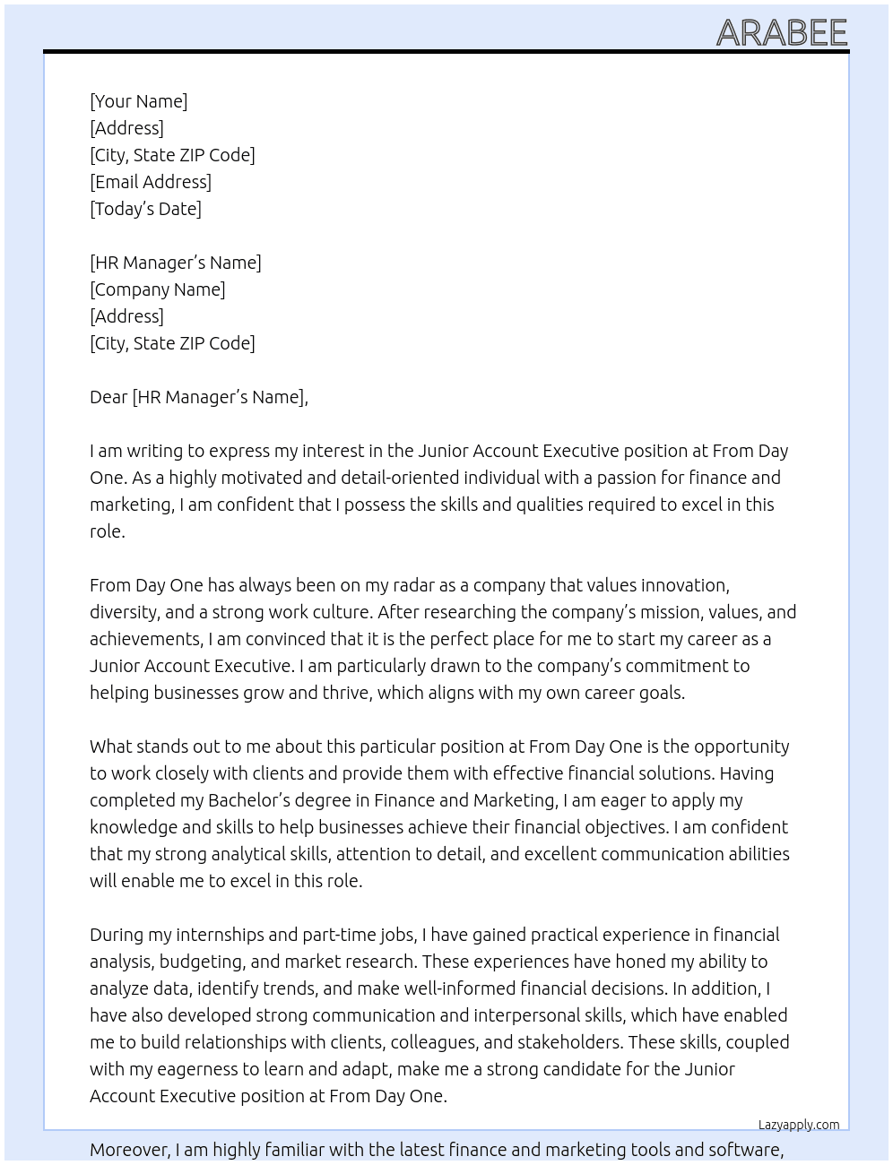 Junior Account Executive At From Day One Cover Letter