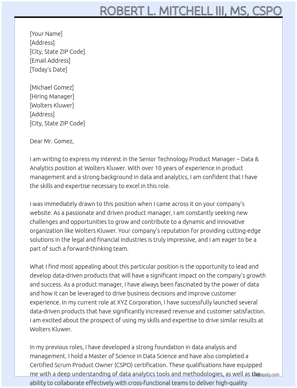 Senior Technology Product Manager - Data & Analytics At Wolters Kluwer Cover Letter