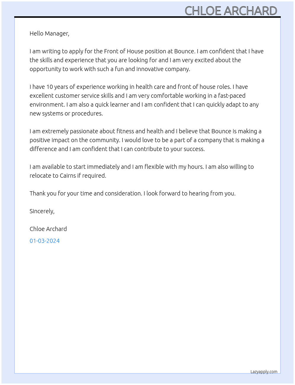 Front of house At Bounce  Cover Letter