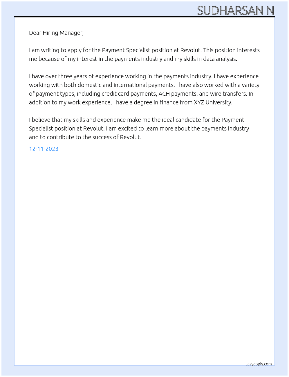 Payment Specialist  At Revolut Cover Letter