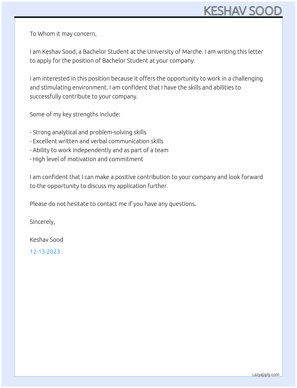 Bachelor Student At University of Marche Cover Letter