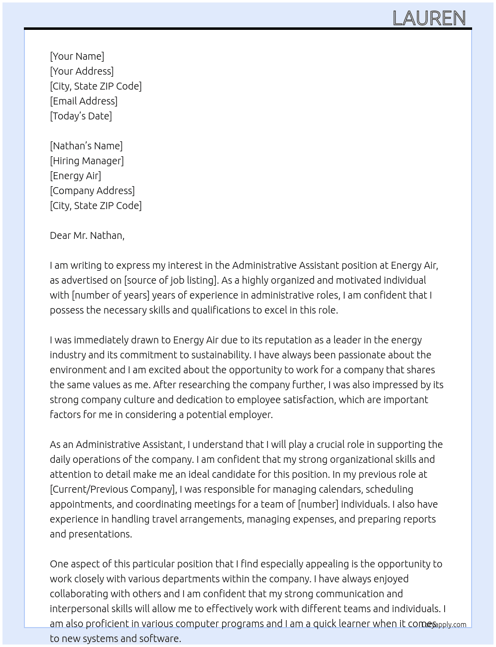 Administrative Assistant  At Energy Air Cover Letter