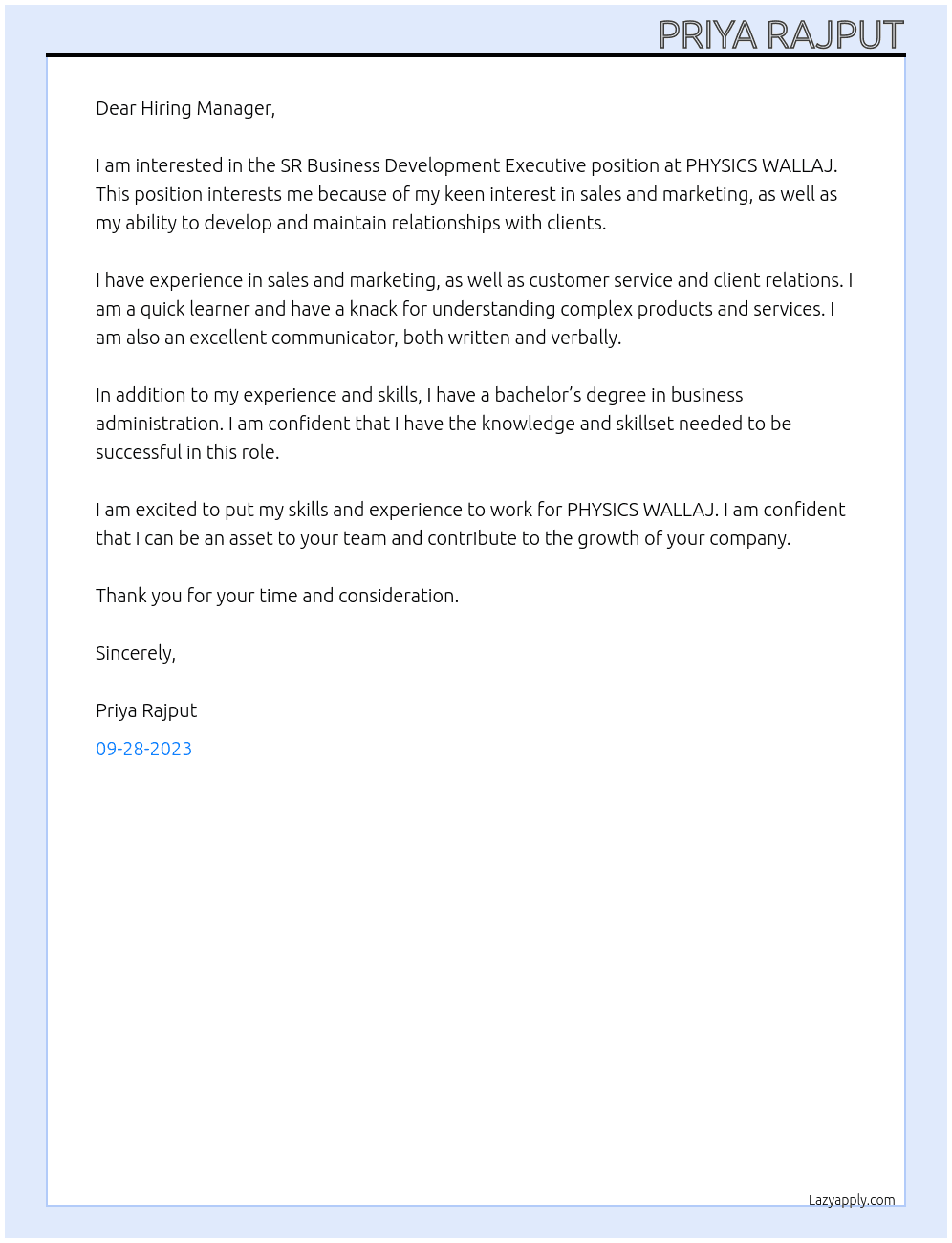 SR BUSINESS DEVELOPMENT EXECUTIVE At PHYSICS WALLAJ Cover Letter