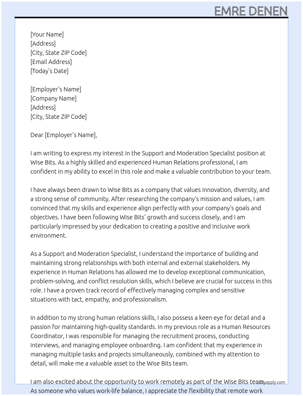 Support and moderation specialist At Wise Bits Cover Letter