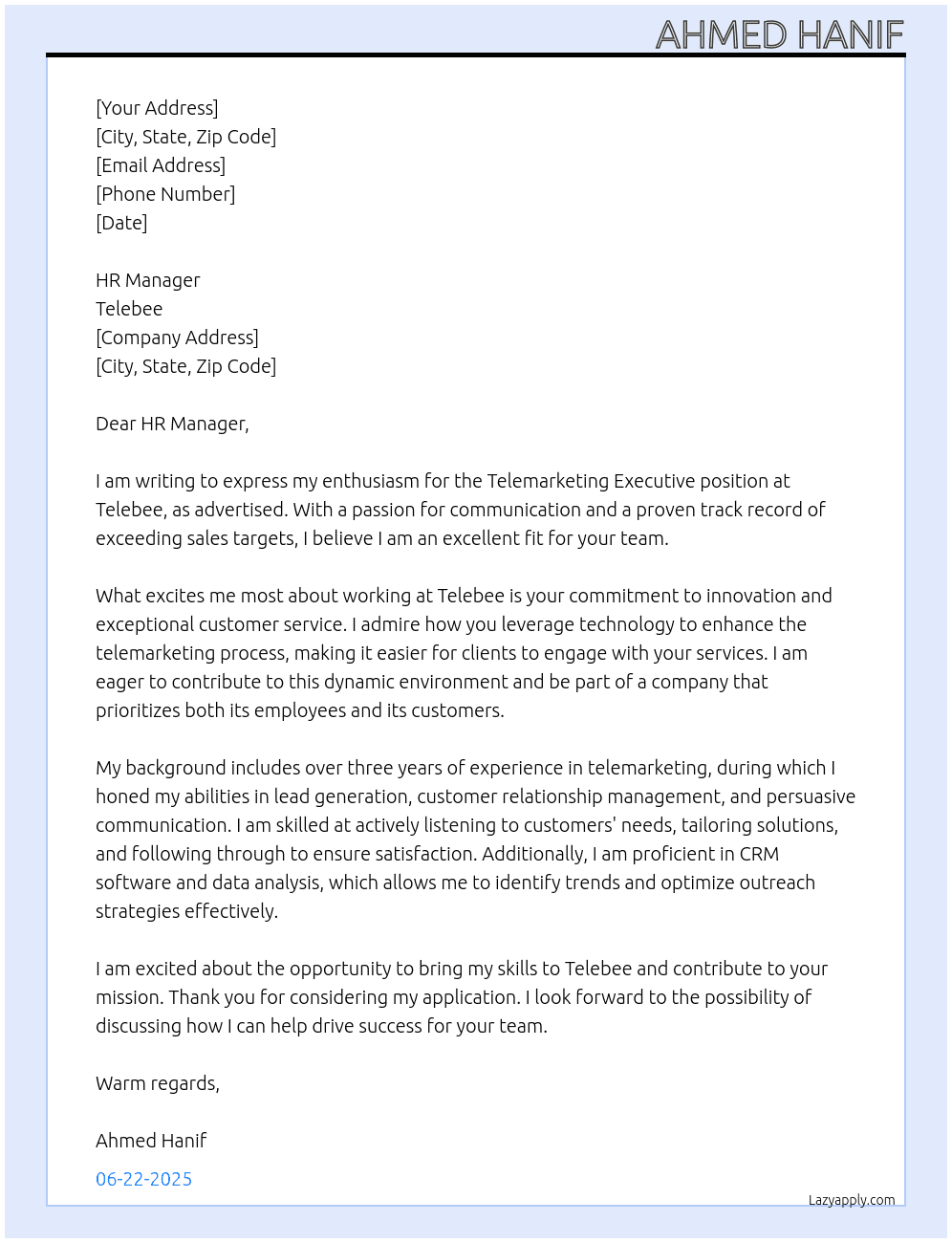 Telemarketing Executive At telebee Cover Letter