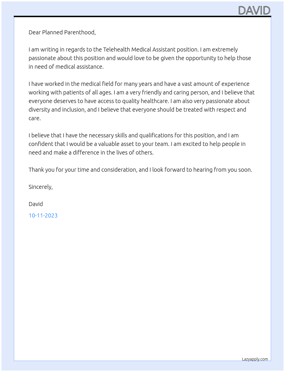 Telehealth Medical Assistant At Planned Parenhood Cover Letter
