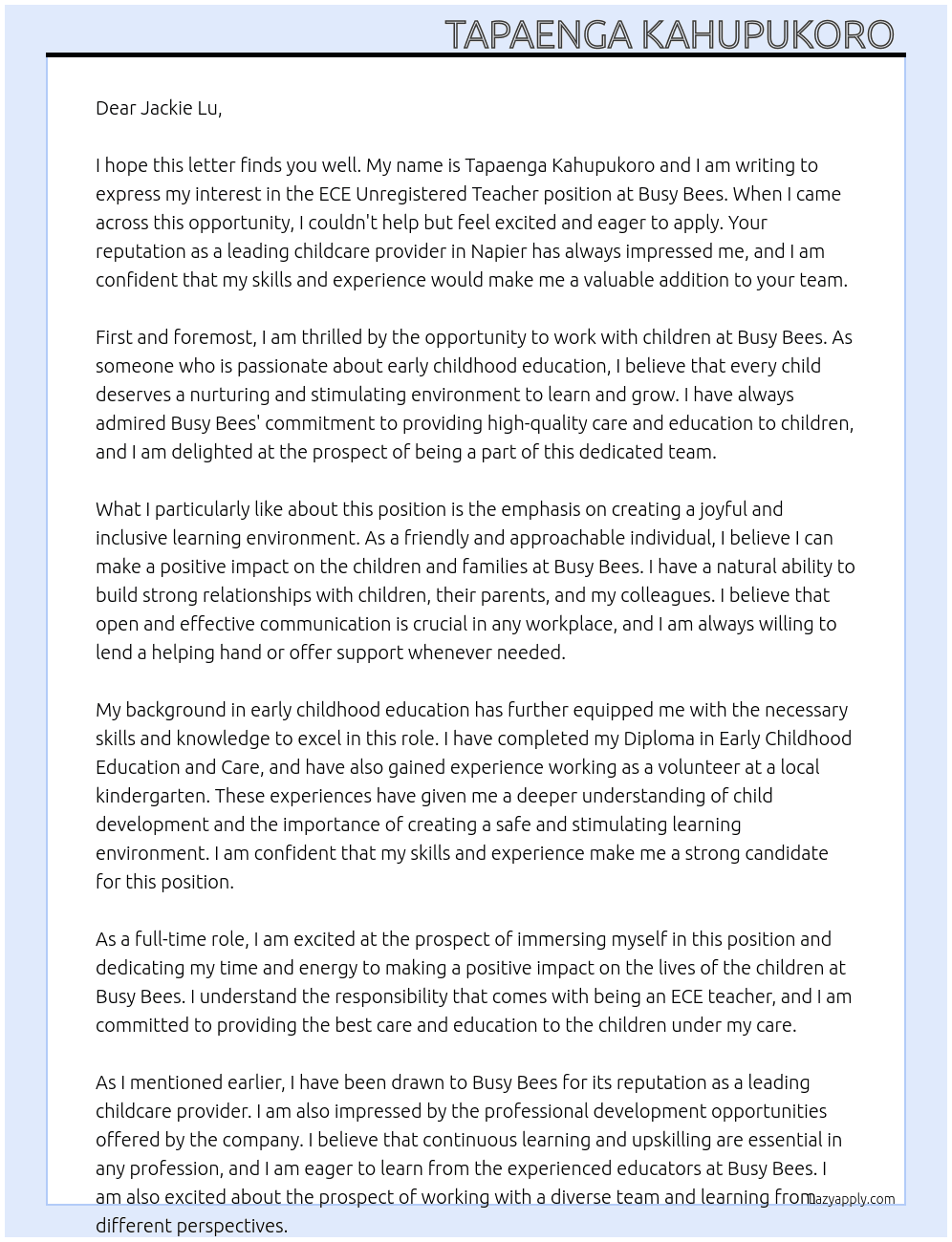 ECE Unregistered Teacher At Busy Bees Cover Letter