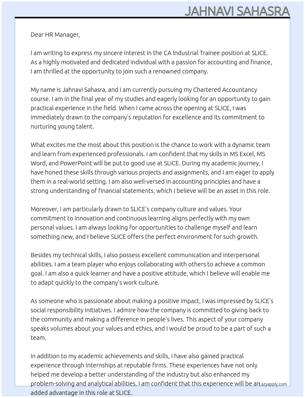 CA industrial trainee At SLICE Cover Letter