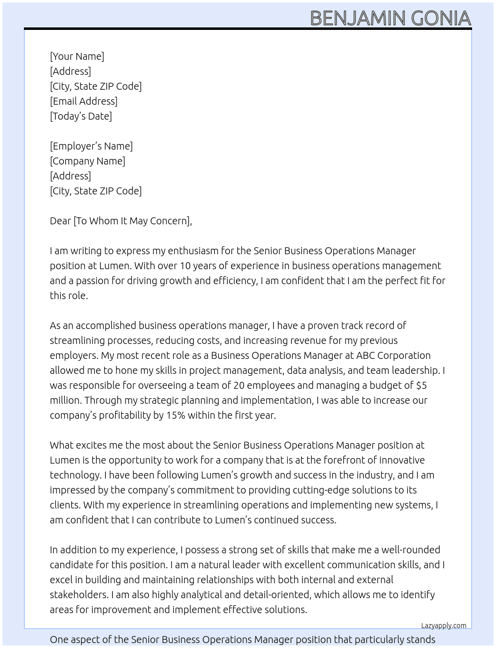 senior business operations manager At Lumen Cover Letter