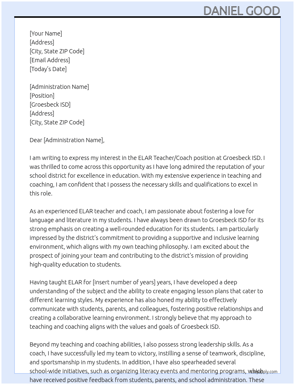 ELAR Teacher/Coach At Groesbeck ISD Cover Letter