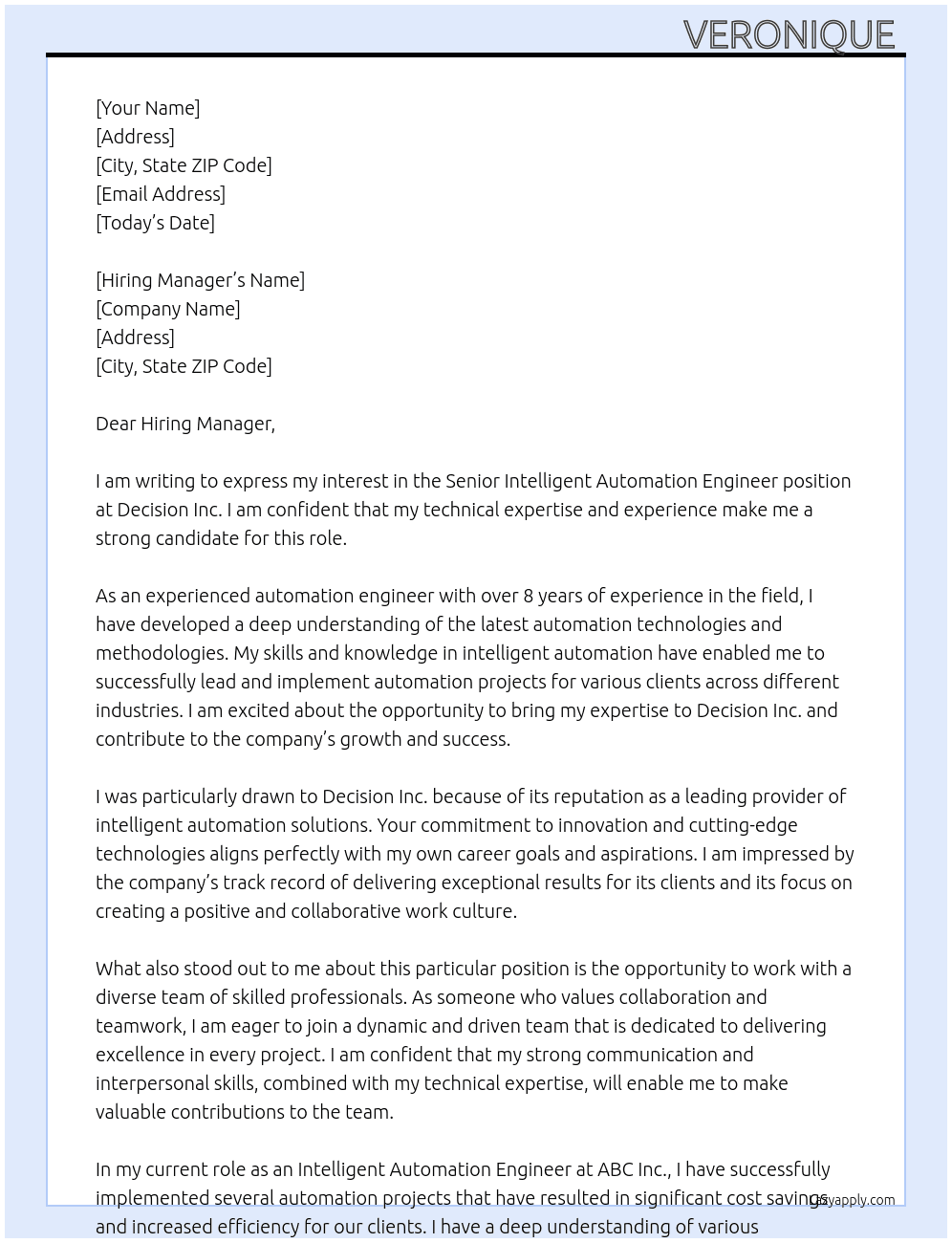 Senior Intelligent Automation Engineer At Decision Inc. Cover Letter