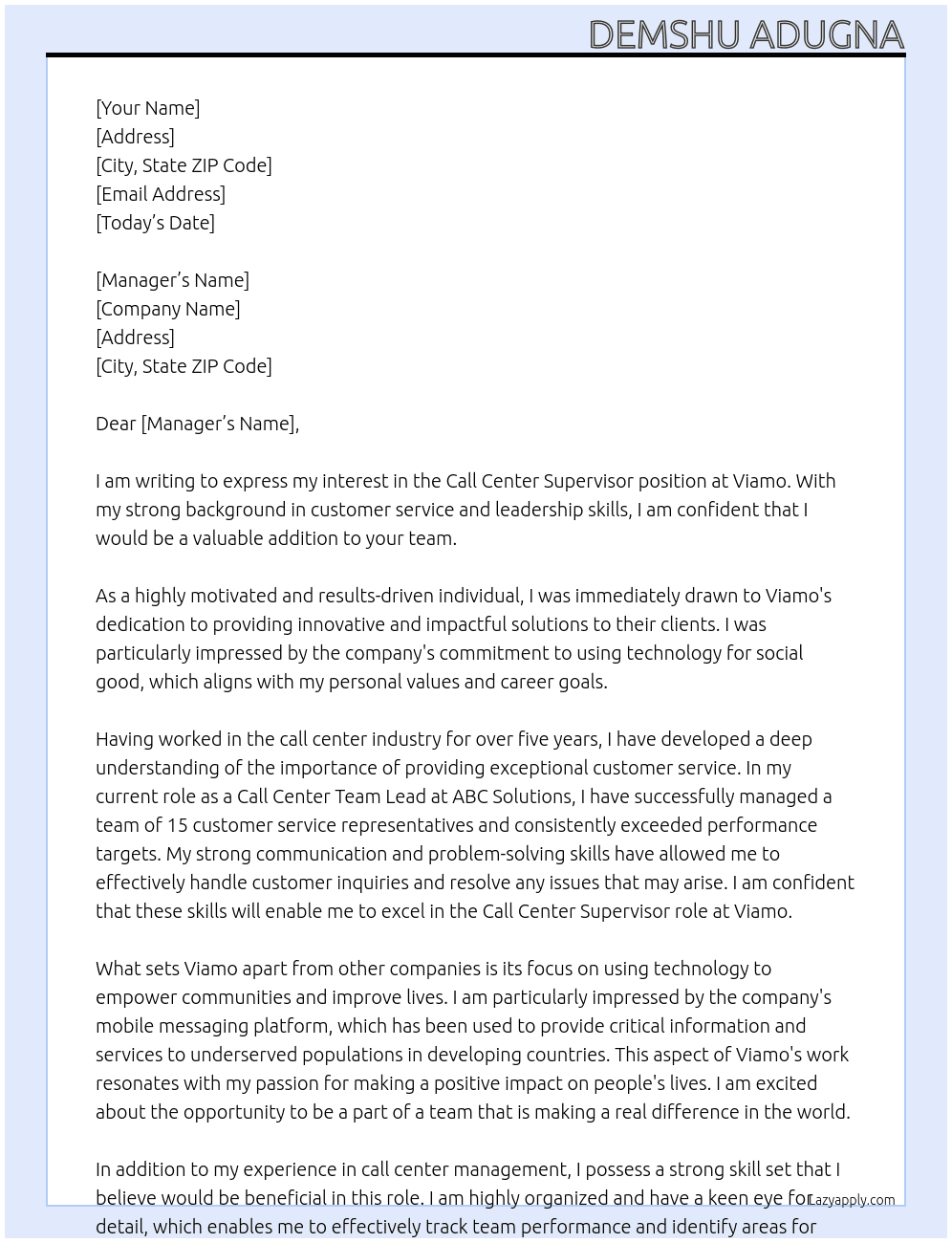 Call center supervisor  At Viamo Cover Letter