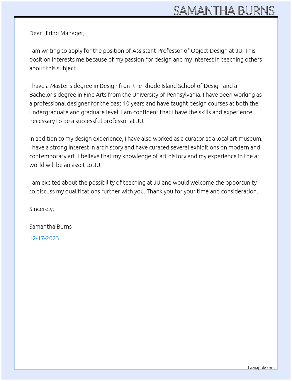 Assistant Professor of Object Design At JU  Cover Letter