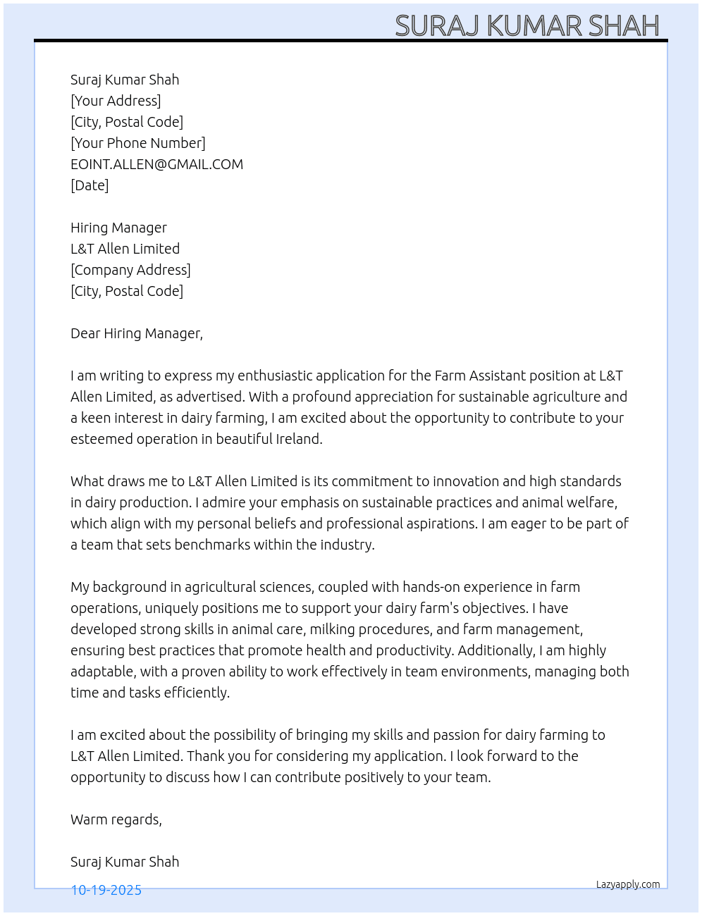 Dairy farm assistant  At L&T Allen limited  Cover Letter
