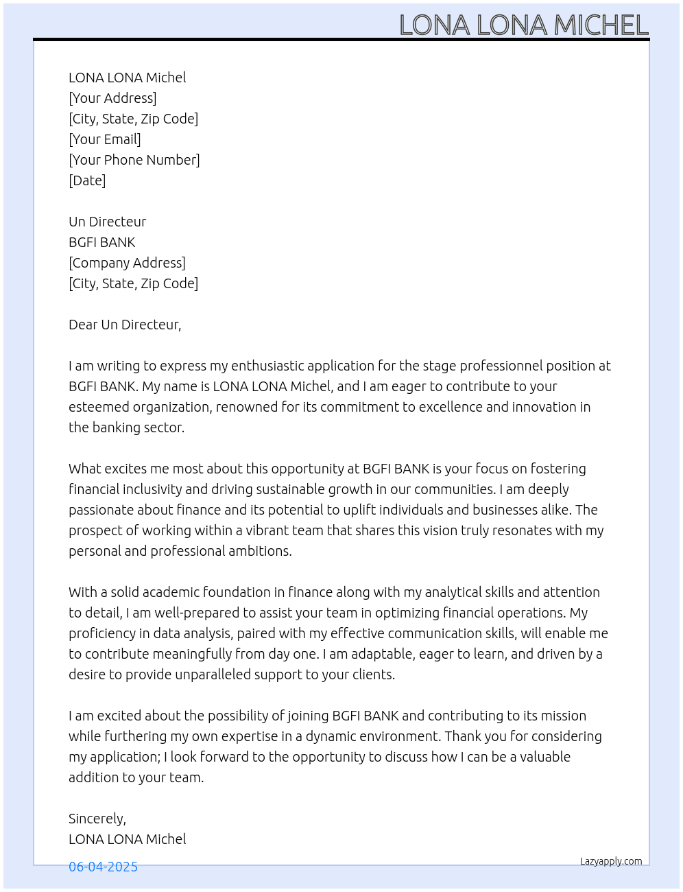 Cover letter for stage professionnel - LazyApply