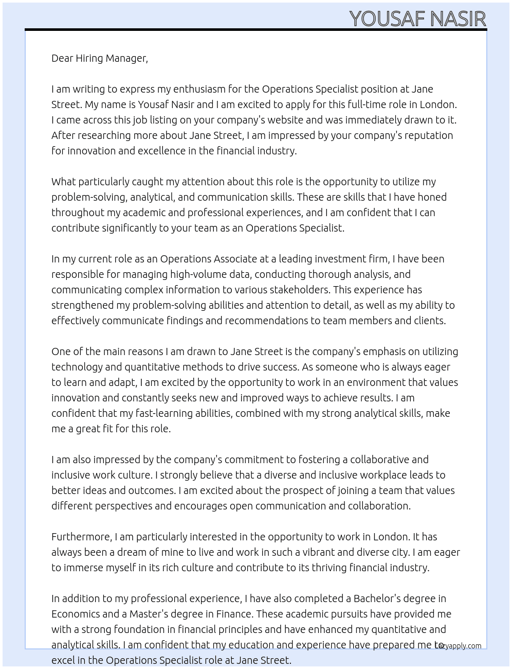 Operations Specialist At Jane Street Cover Letter