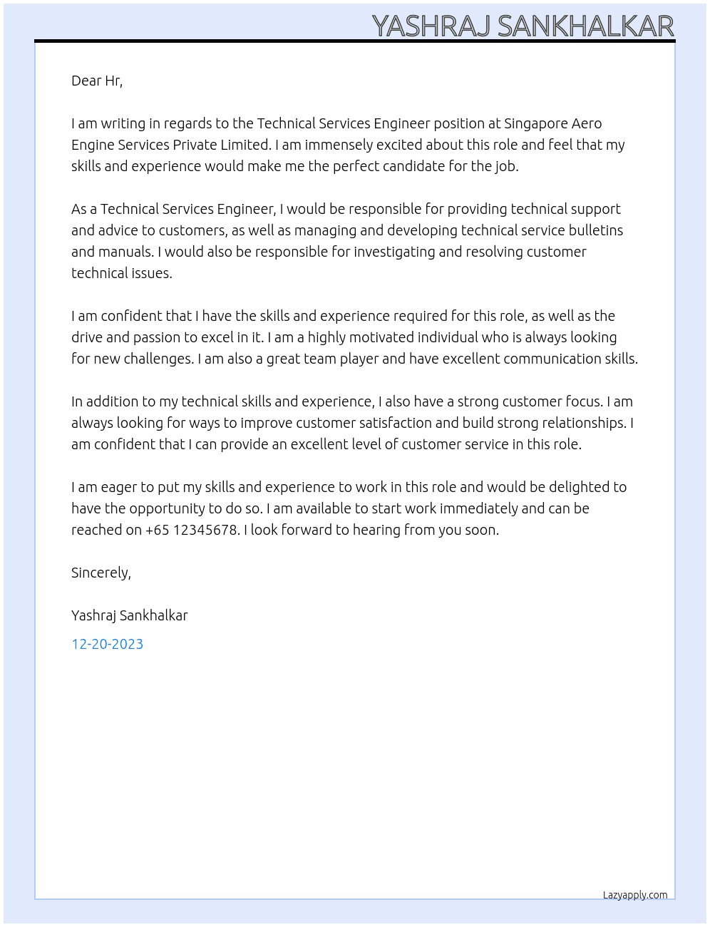 Technical Services Engineer At Singapore Aero Engine Services Private Limited Cover Letter