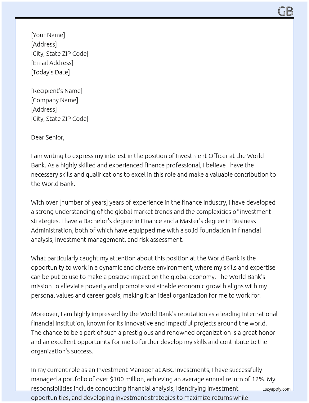 investment officer At WORLD BANK Cover Letter