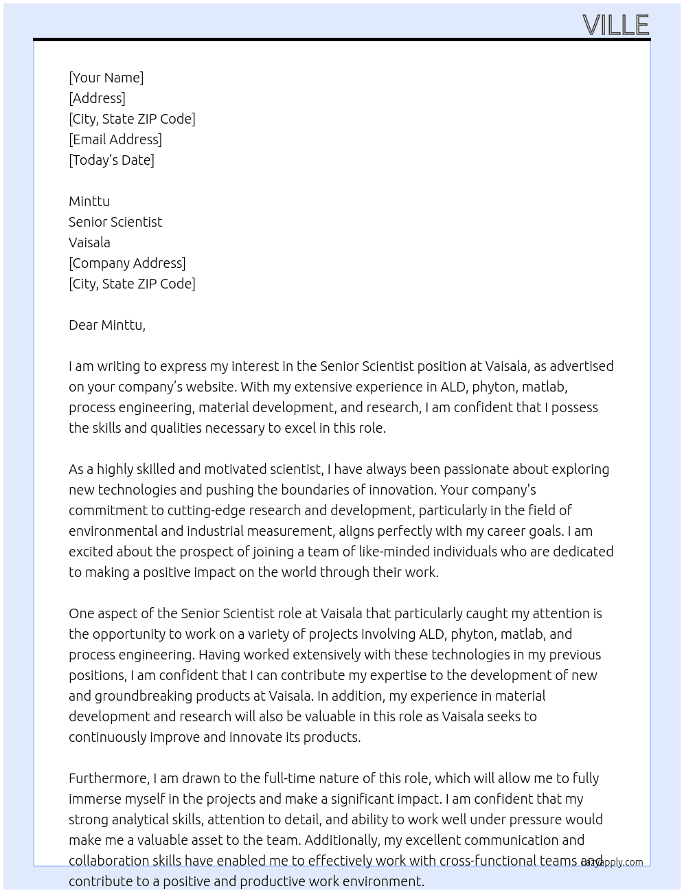 Senior scientist At Vaisala Cover Letter