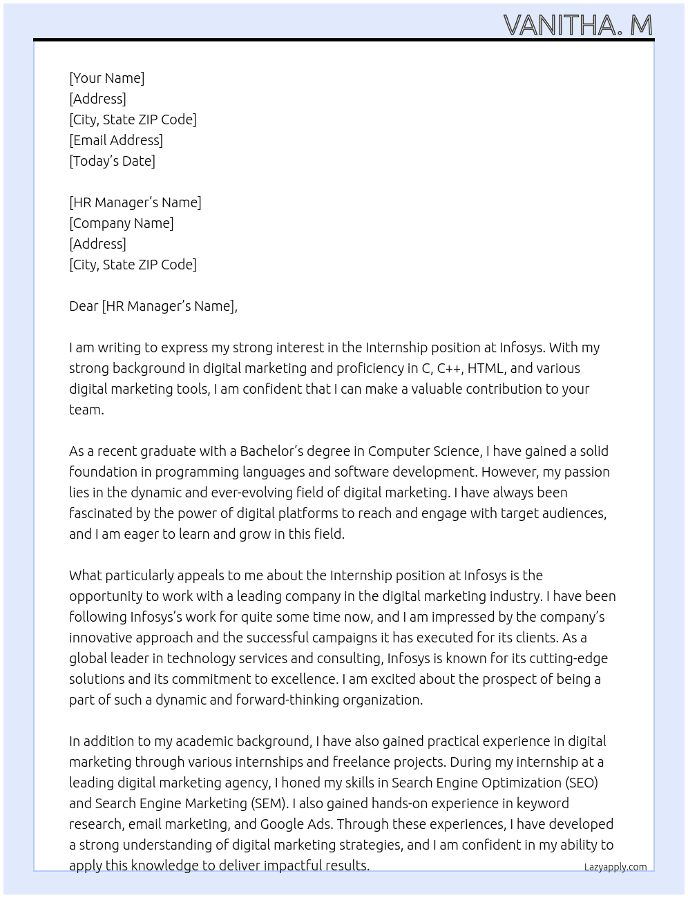 Internships  At Infosys  Cover Letter