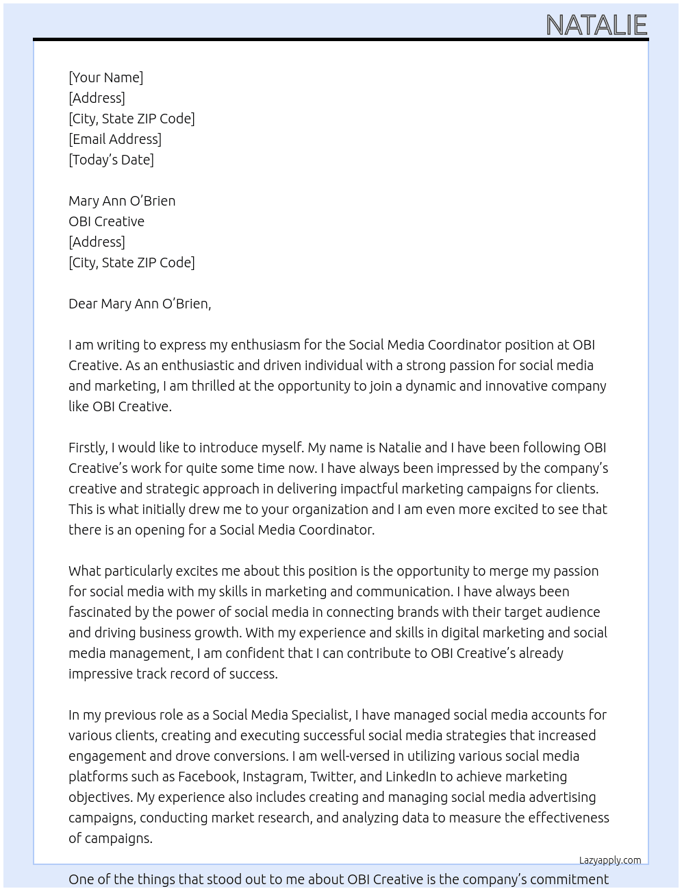 Social Media Coordinator At OBI Creative Cover Letter