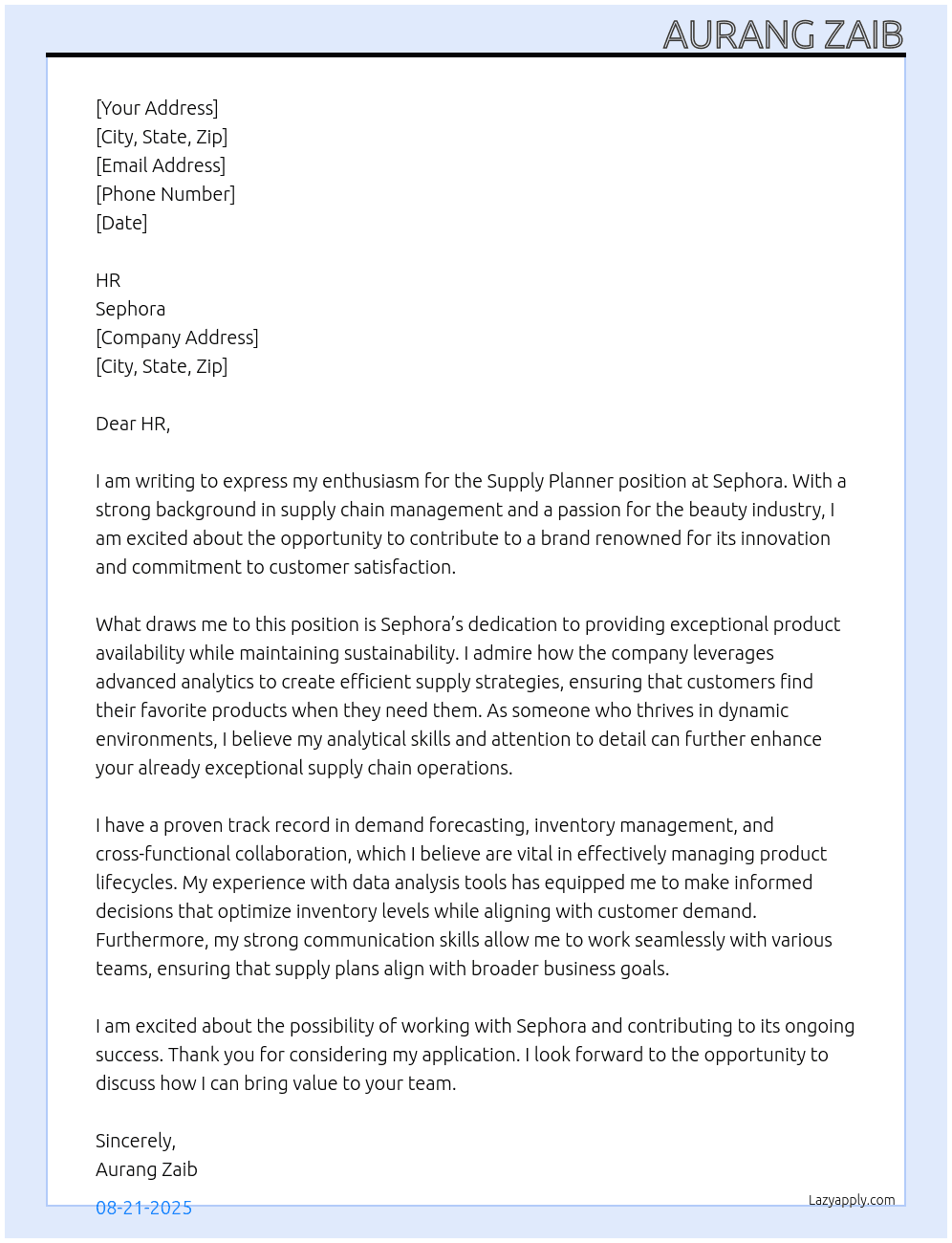 Supply Planner At Sephora Cover Letter