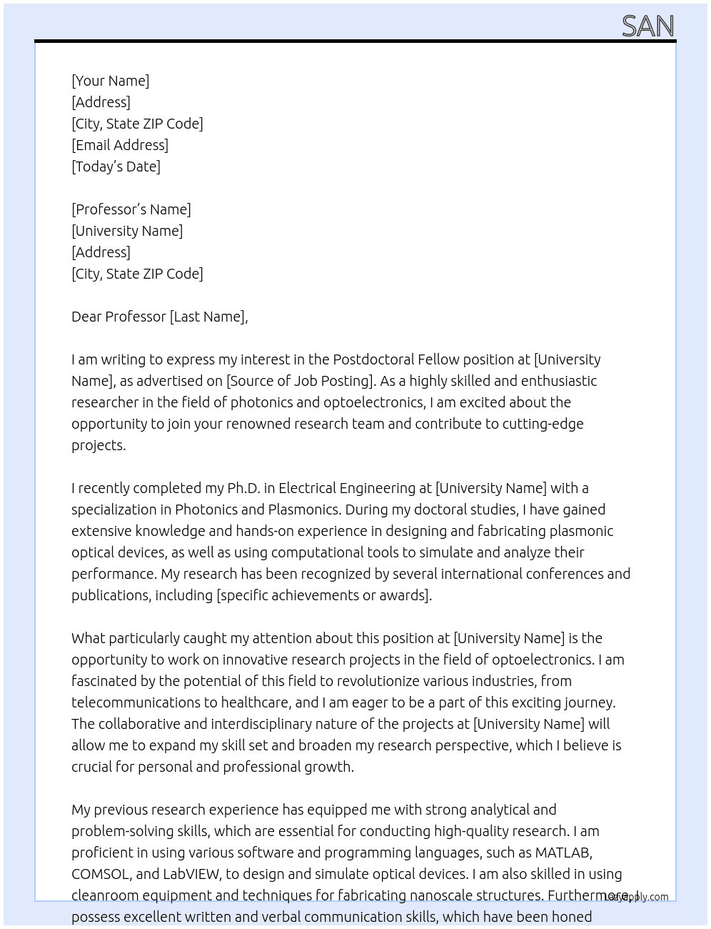 Postdoctoral Fellow  At University  Cover Letter