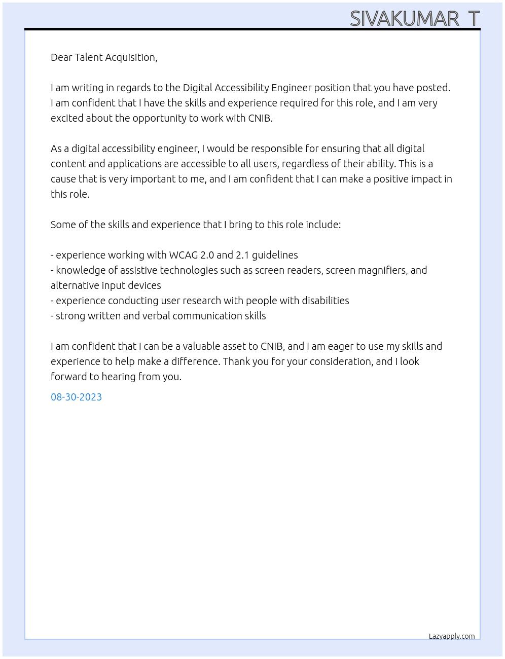 Digital Accessibility Engineer At CNIB Cover Letter