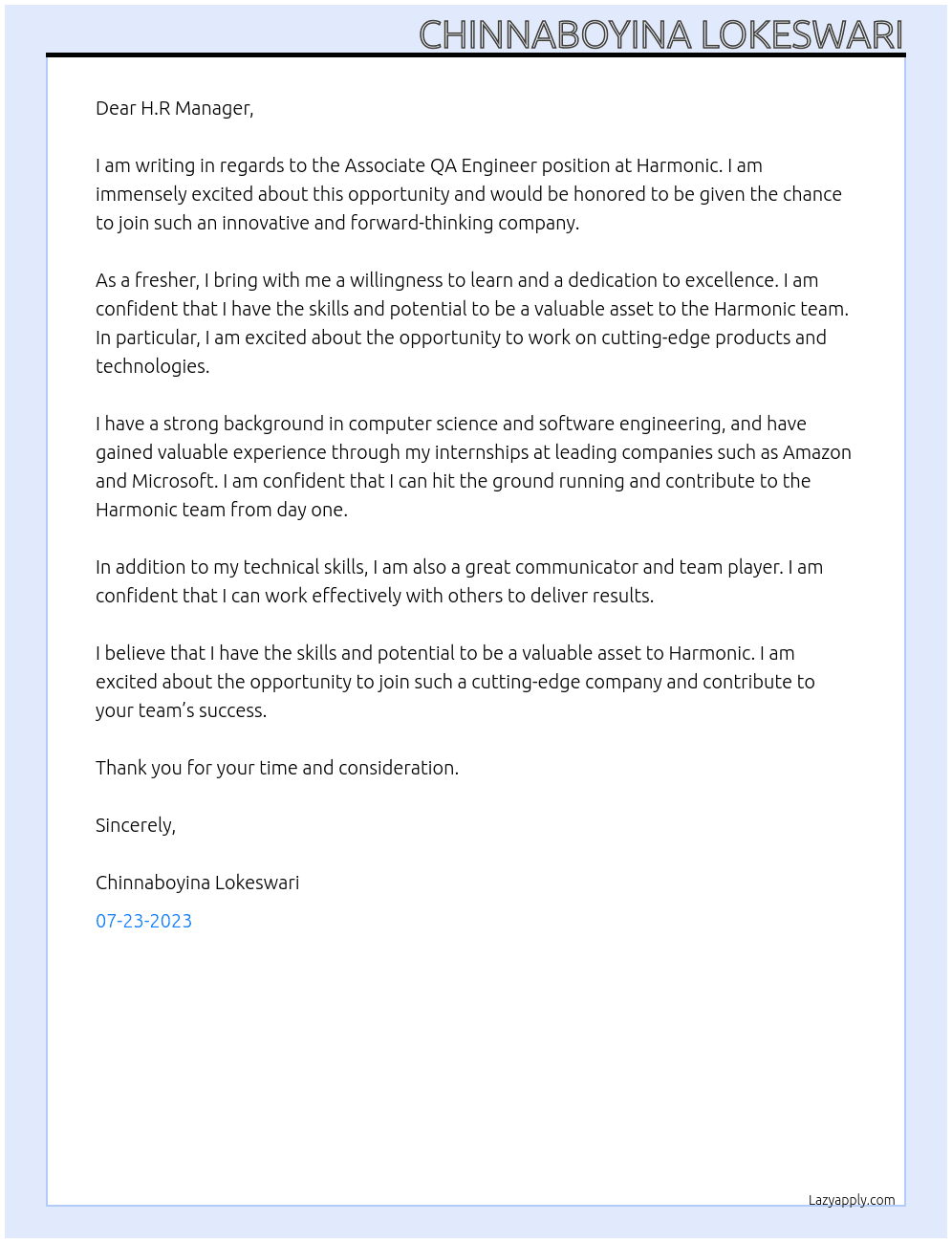 Associate QA Engineer(fresher) At harmonic Cover Letter
