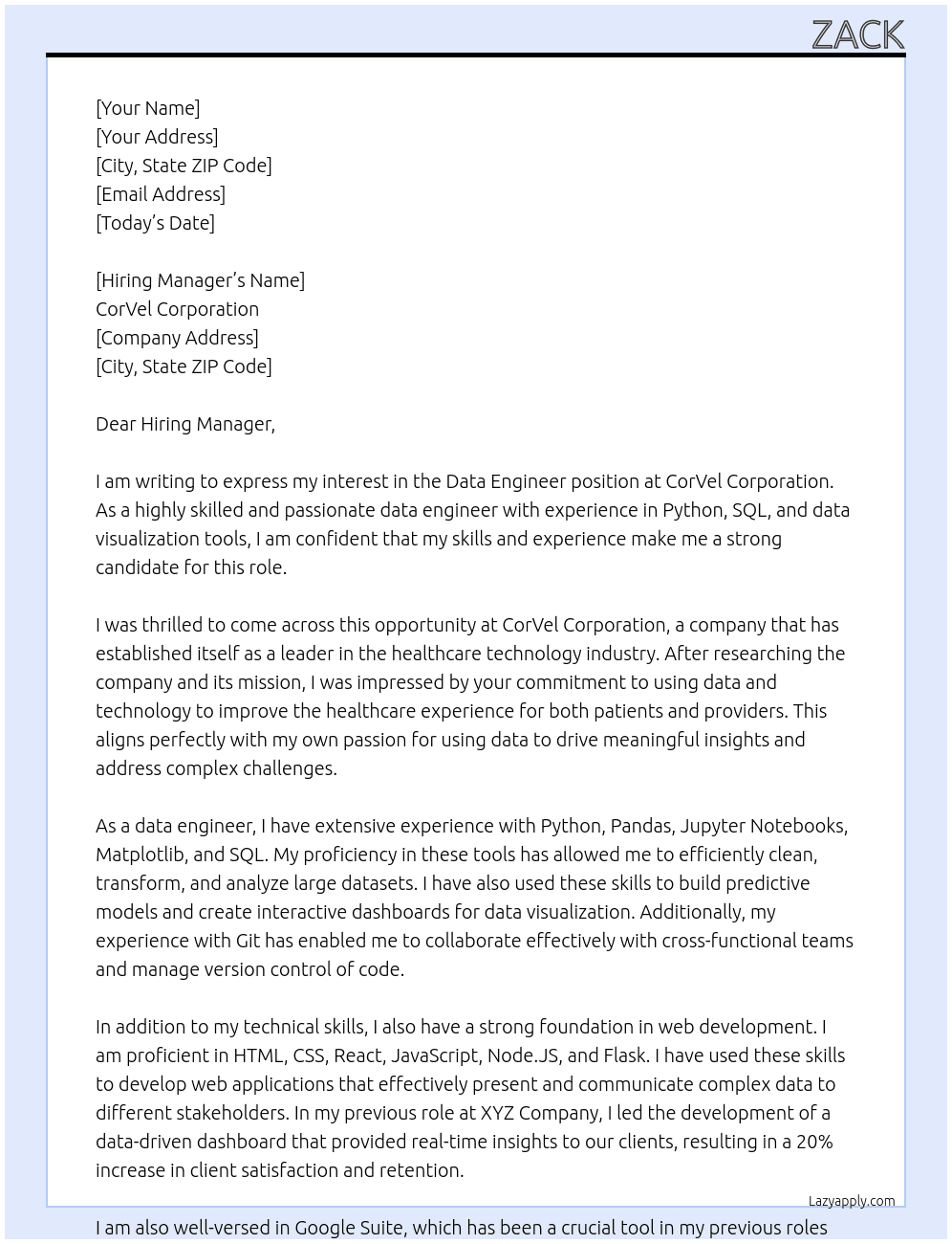 data engineer At CorVel Corporation Cover Letter