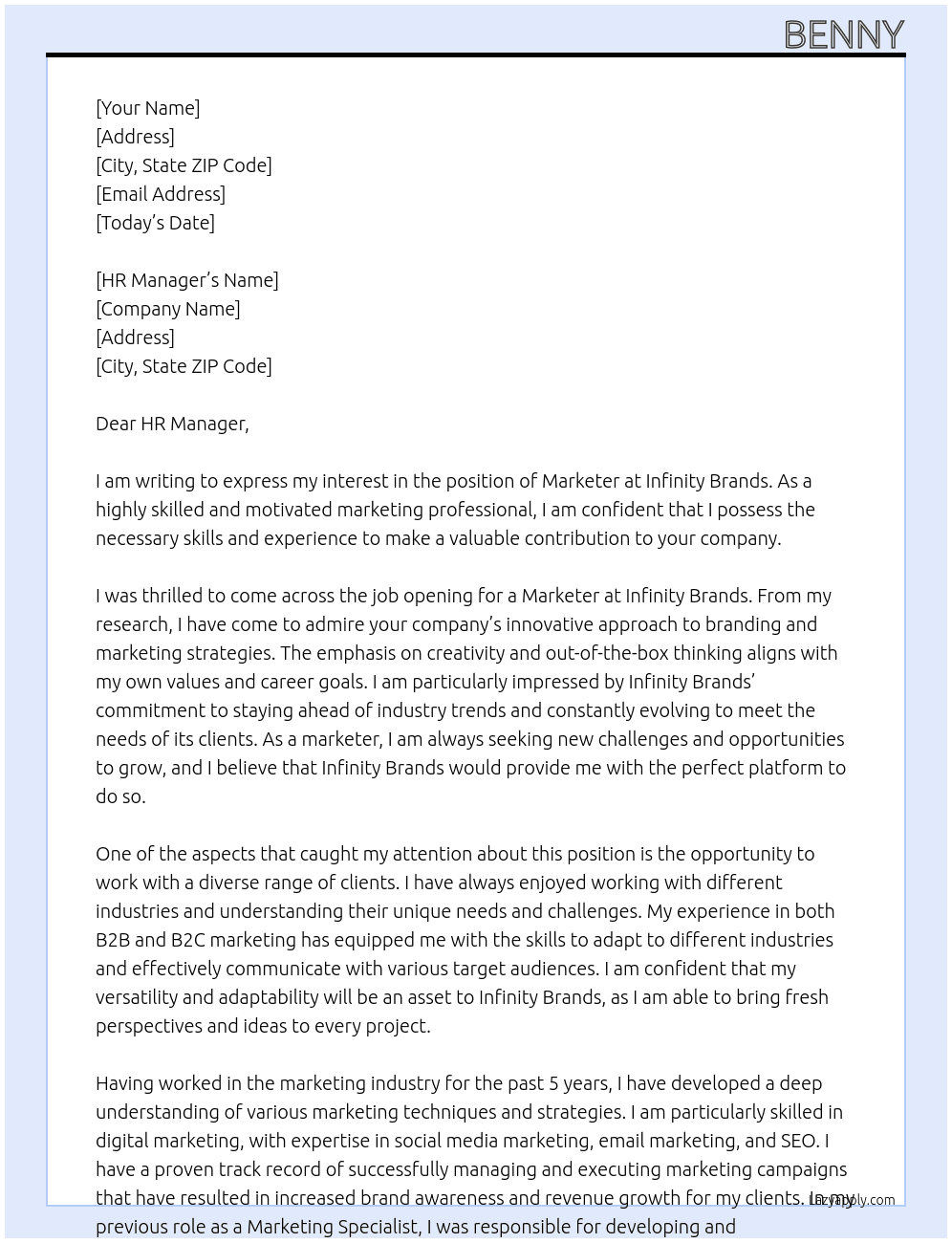 marketer At Infinity Brands Cover Letter