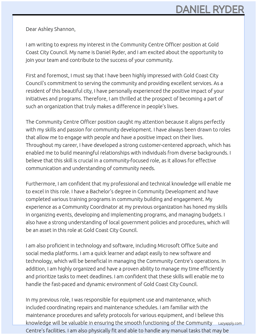 Community Centre Officer At Gold Coast City Council Cover Letter