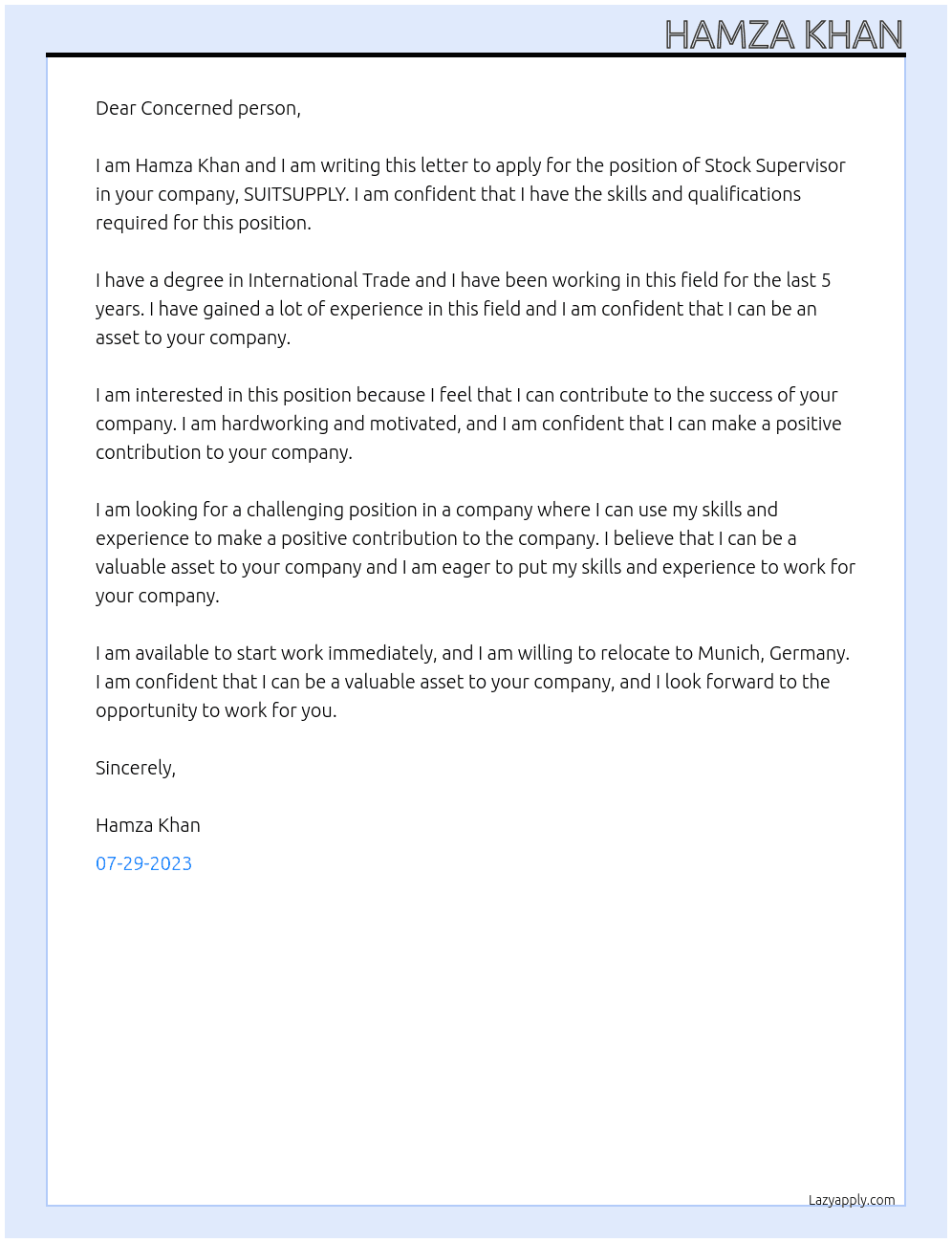 Stock Supervisor At SUITSUPPLY Cover Letter