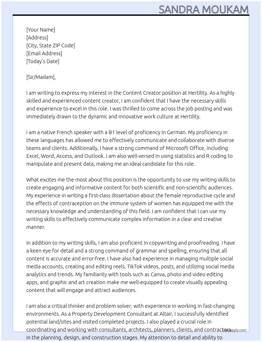 Content Creator At Hertility Cover Letter