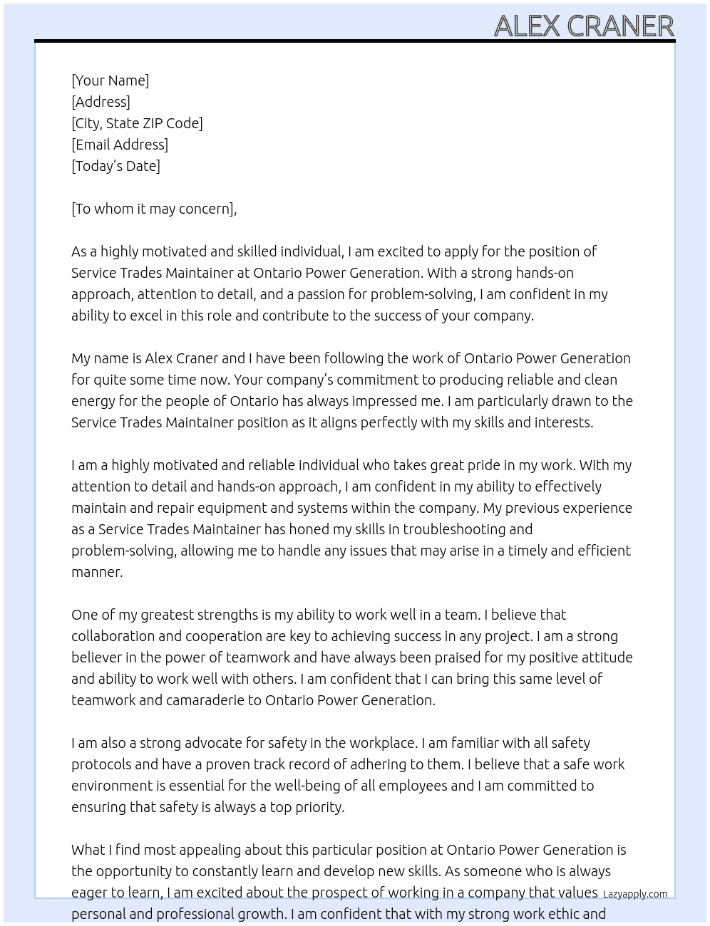 Service Trades Maintaner At Ontario Power Generation Cover Letter
