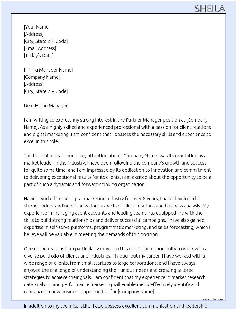 Partner Manger  At TBD Cover Letter