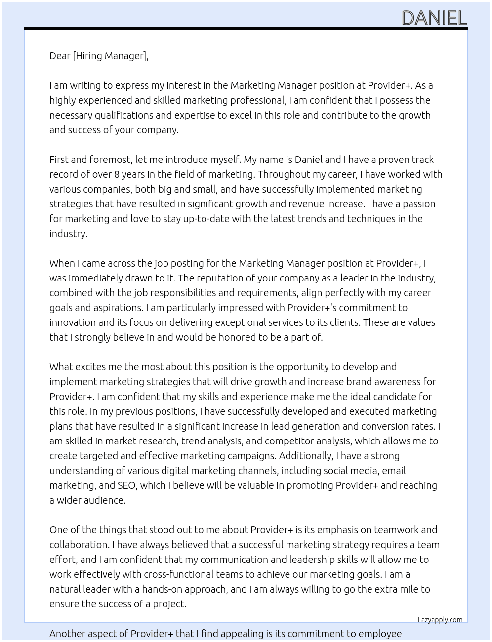 Marketing Manager At Provider+ Cover Letter