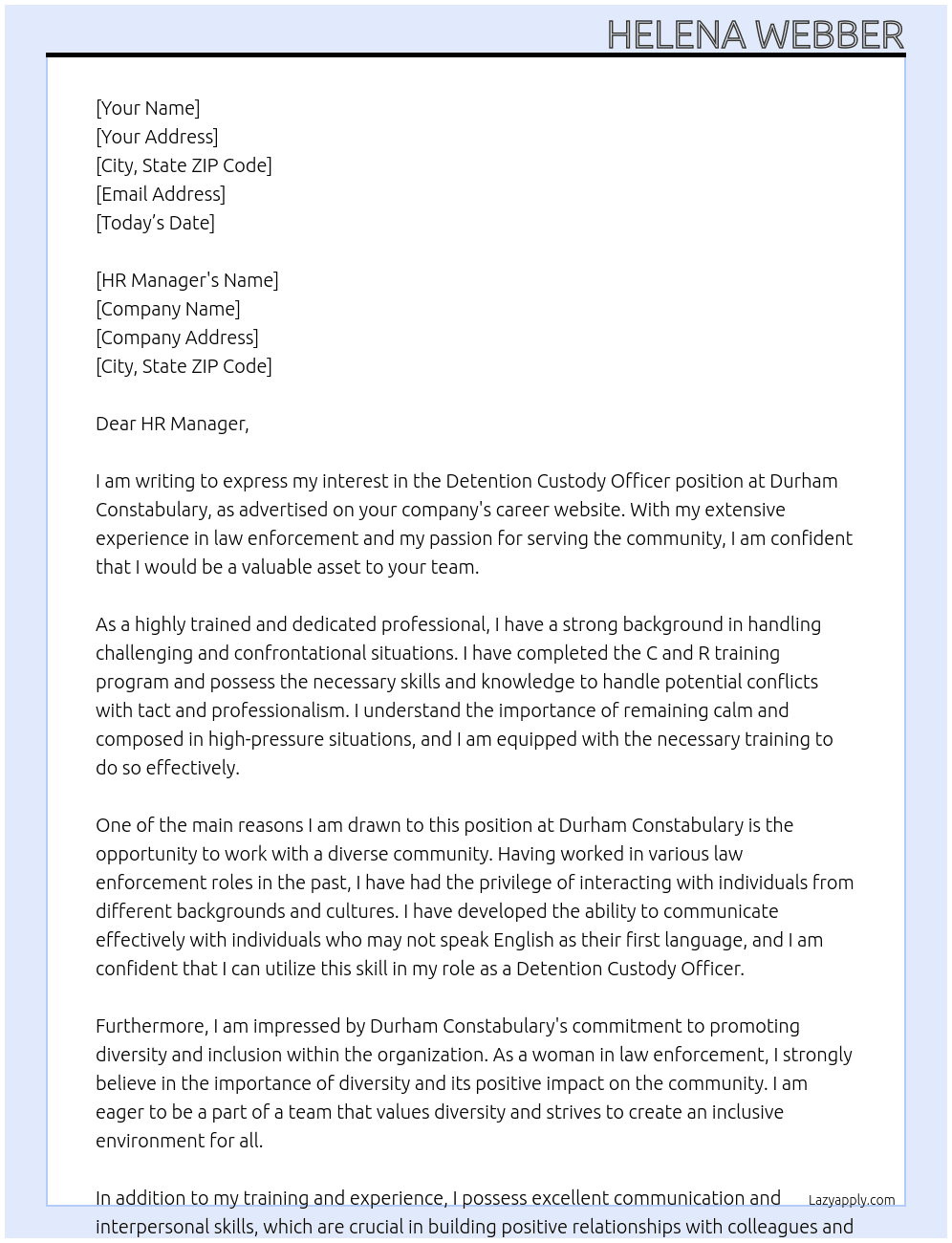 Detention custody officer  At Durham constabulary  Cover Letter
