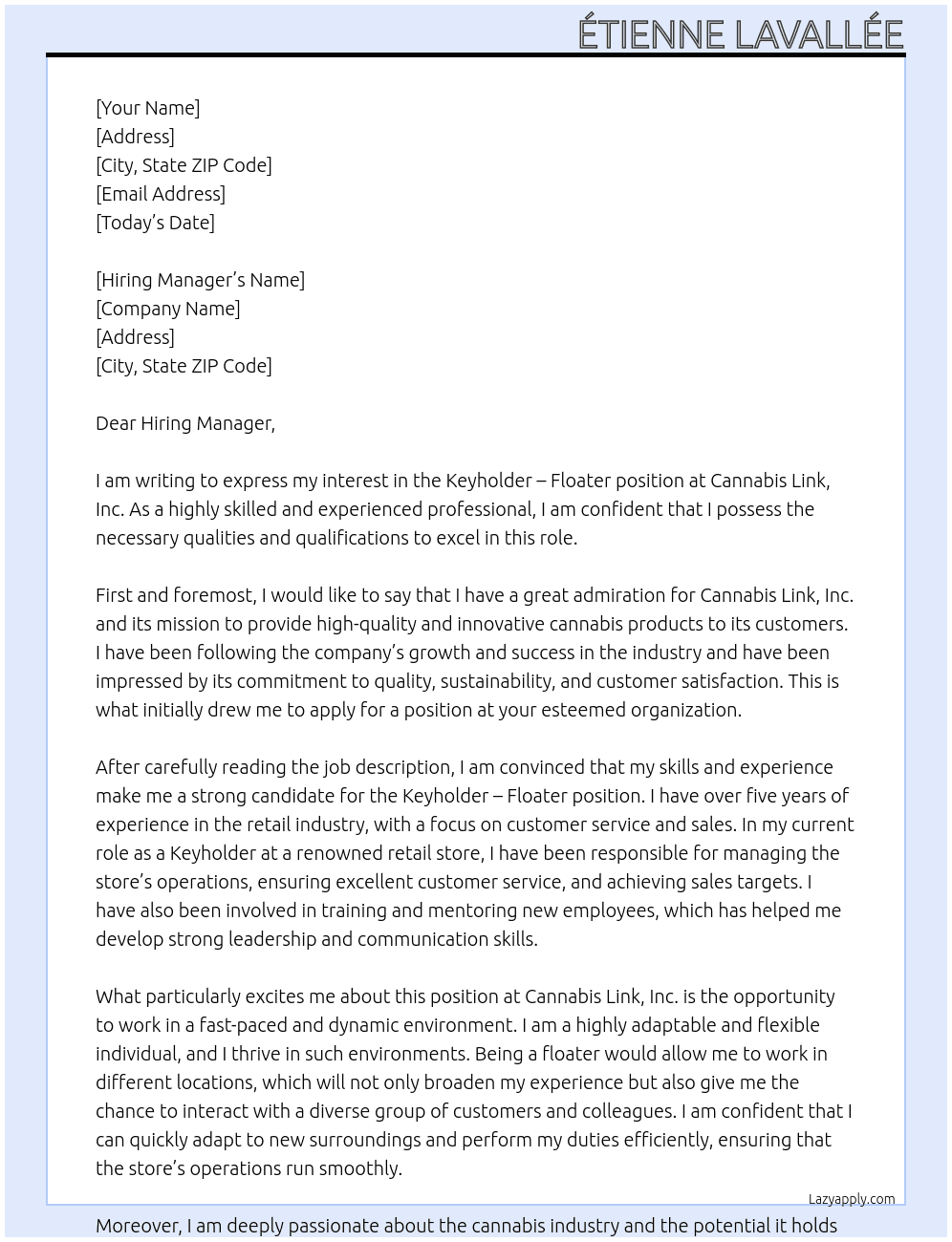 Keyholder - Floater At Cannabis Link, Inc.  Cover Letter