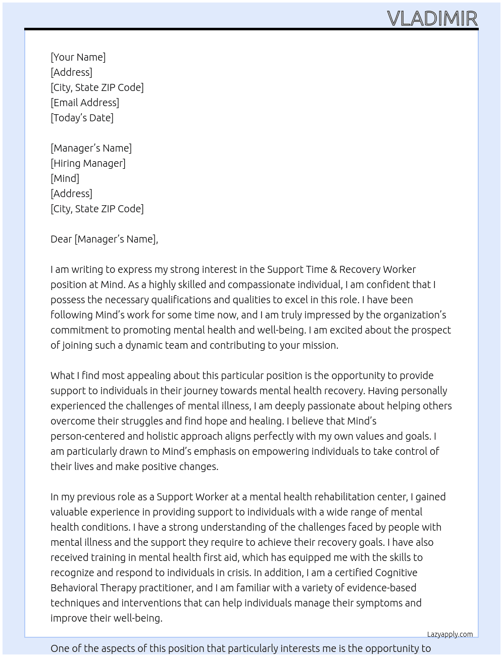 Support Time & Recovery Worker At Mind Cover Letter