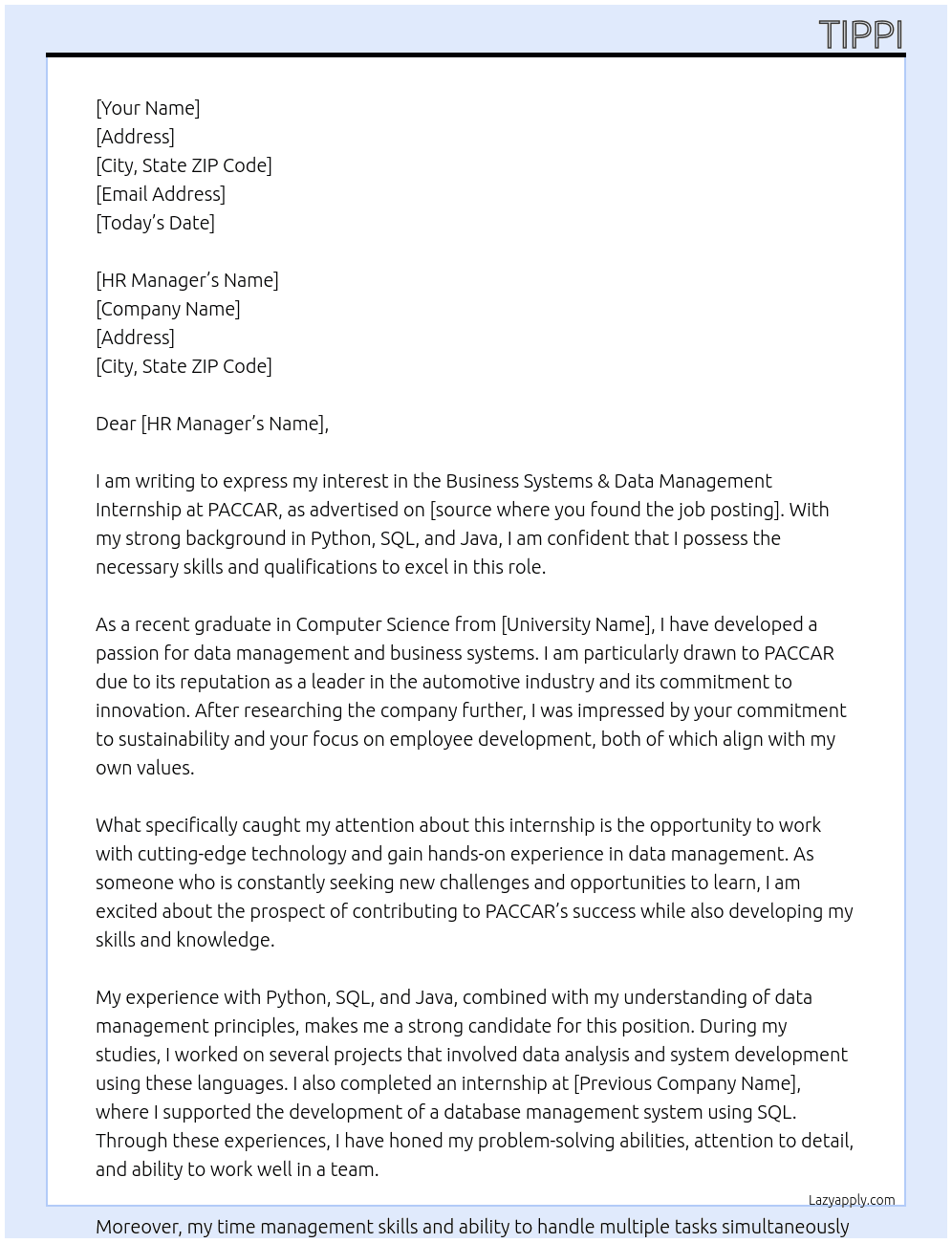 Business Systems & Data Management Internship At PACCAR Cover Letter