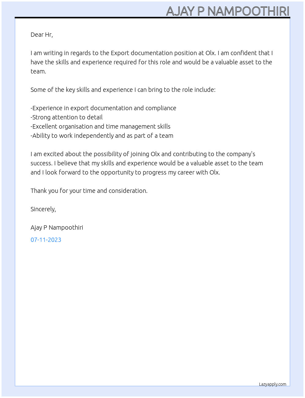 Export documentation  At Olx Cover Letter